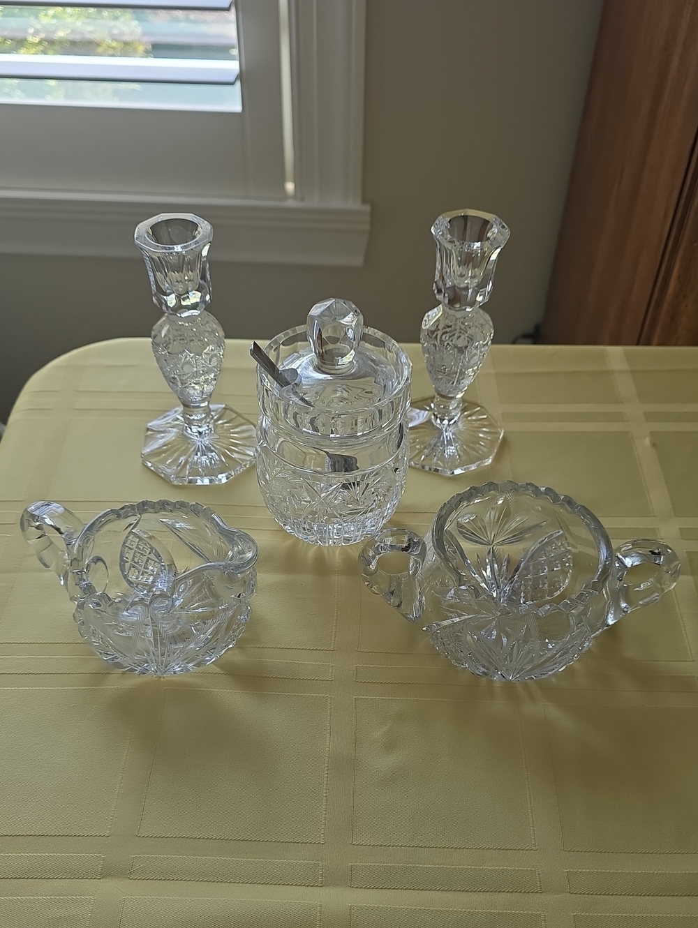 Cut Crystal Sugar, Creamer & Candlestick Set - Clear